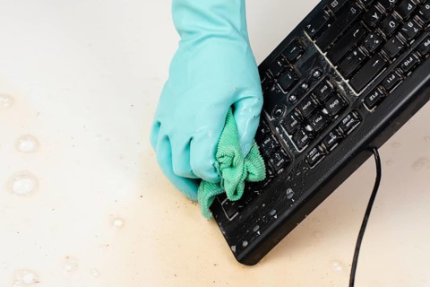 Cleaning computer keyboard in office with rubber protective glove, whiping with water and soap,