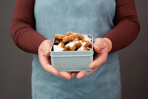 Cinnamon stars, Zimtsterne traditional german christmas cookies in a box, gingerbread with anise