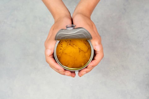 Open tin can with preserved food, box with tuna fish, processed ingredients, feeding a pet