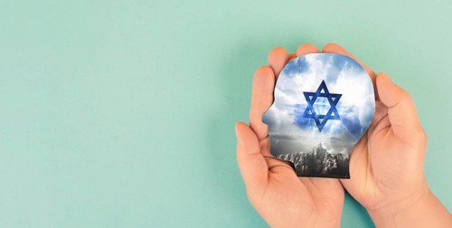 Holding face with flag of Israel, Star of David, war between jewish and palestinians, protection of