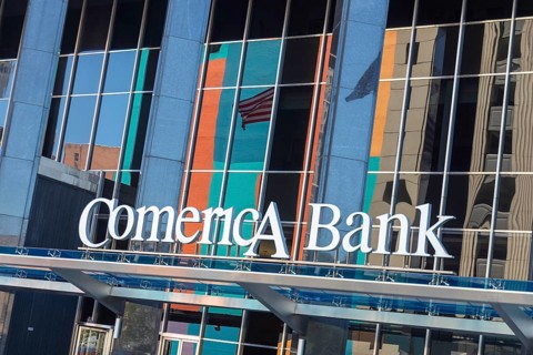 Detroit, Michigan, A downtown branch of Comerica Bank. The bank has about 400 branch offices in