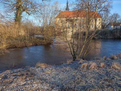 Historic building with a red tiled roof on the riverbank, surrounded by bare trees and a wintry