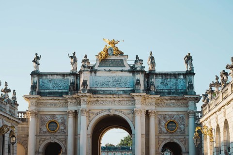 Triumphal arch, arc Here in the old town of Nancy, France, place Stanislas, departement Lorraine,