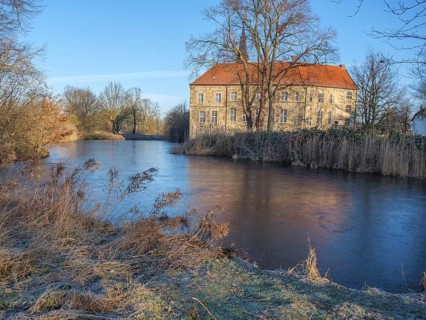 Historic building with red tiled roof on the riverbank, surrounded by bare trees in a wintry