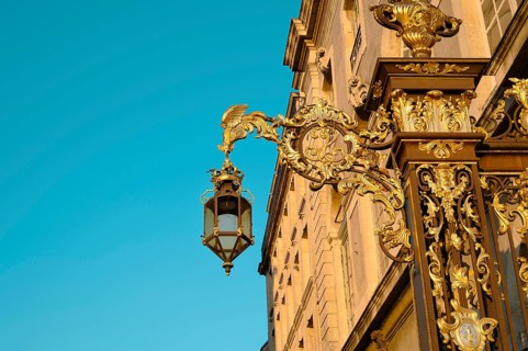 Lantern from place Stanislas in Nancy, France, golden streetlight in departement Lorraine, Europe