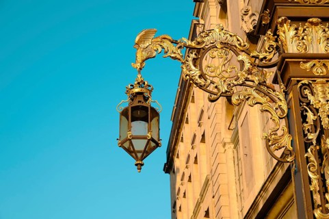 Lantern from place Stanislas in Nancy, France, golden streetlight in departement Lorraine, Europe
