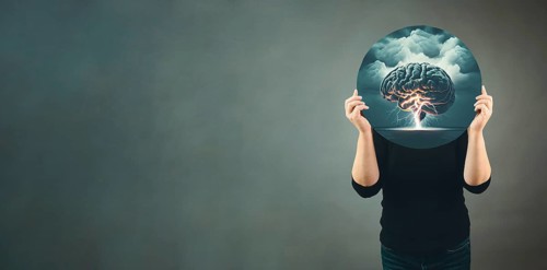 Human brain with lightning, psychological pressure and stress, migrane attack, burn out or trauma