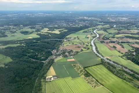Aerial view of Ruhr valley bridge over Ruhr river, North Rhine-Westphalia, Germany, Europe