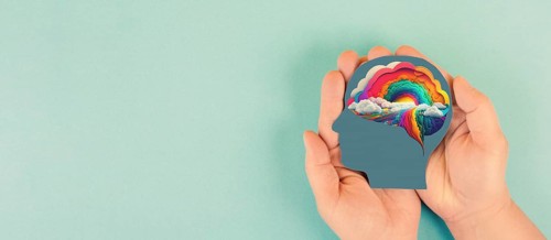 Brain with rainbow cloud, creativity explosion of ideas, positive thinking mind, self identidy and