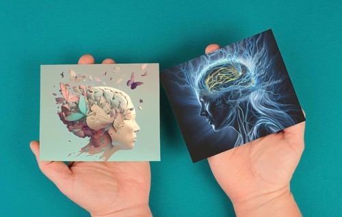 Human brain with butterflies and lightning, mental health concept, positive and negative thinking,