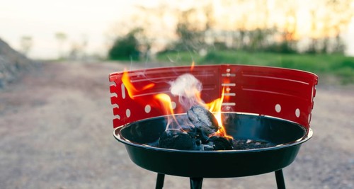 Barbecue on the grill, fire flame with coals, picknick in nature