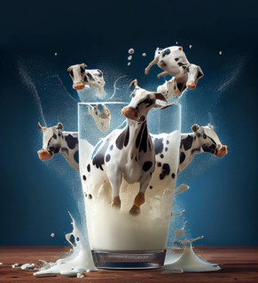 Herd of cow jumping from a glass of milk, milky splash, animal welfare in industry, dairy product