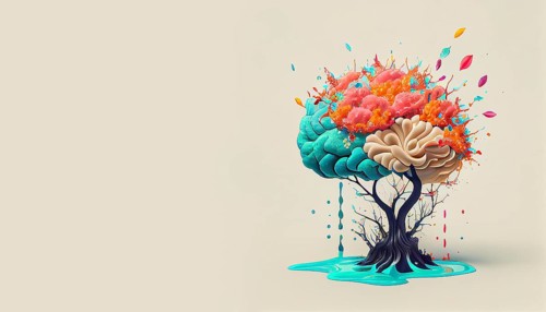 Human brain tree with flowers, self care and mental health concept, positive thinking, creative