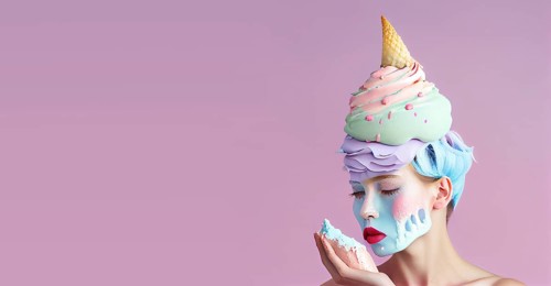 Beautiful woman, waffle cone on the head, ice cream melting down the face, summer feeling, vibrant