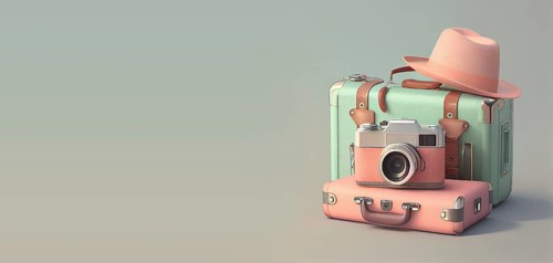 Suitcase with a camera and hat, summer holiday feeling, pastel color, retro style, travel concept