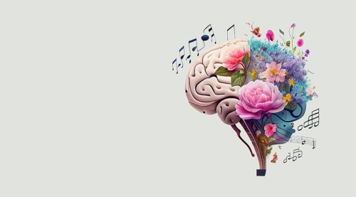 Human brain tree with flowers and music notes, self care and mental health concept, positive