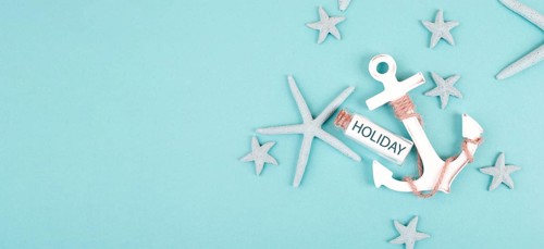 Summer vacation background, anchor, sea stars and a glass bootle with the word holiday, travel and