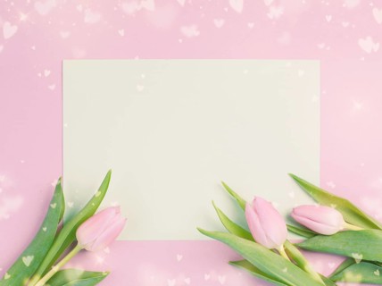Tulips greeting card with hearts for birthday, easter holiday, valentines day, mothers day, spring