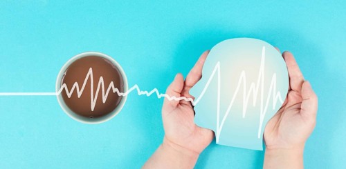 Cup of coffee in the morning, wake up, brainwaves goes up after the caffeine drink, take a break,
