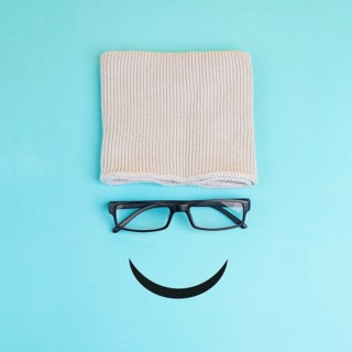 Happy smiling face with eyeglasses and hat, mental health concept, positive mindset, support and