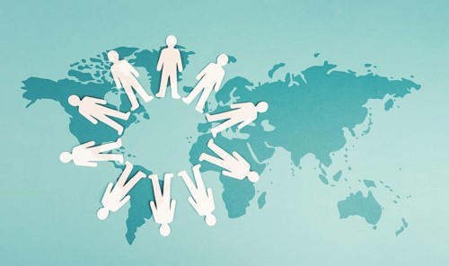 Group of men staning in a circle, on the world map, global communication, network and business,