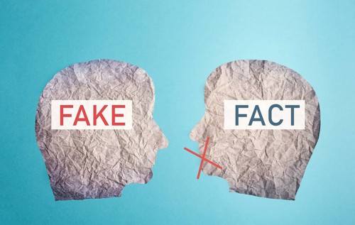 Fake or fact on a head, false and truth information, propaganda and conspiracy theory concept,
