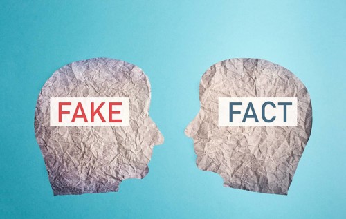 Fake or fact on a head, false and truth information, propaganda and conspiracy theory concept,