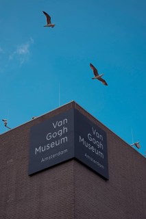 Van Gogh Museum building with seagulls flying in the blue sky, Amsterdam, Netherlands