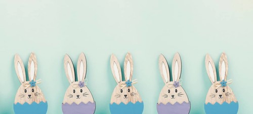 Panoramic easter holiday greeting card with cute bunnies, rabbits in spring, banner or header