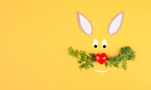Easter bunny face with a heart shaped nose and whiskers from carrot leaves, holiday greeting card,