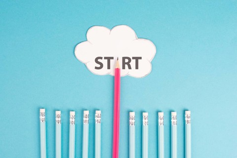 Pencil points to the cloud for start, progress in business and education, have a goal, begin