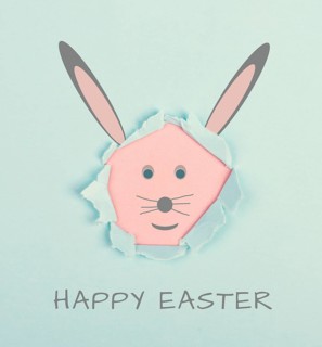 Happy easter, cute bunny greeting card, invitation for the holiday, pastel colored cartoon