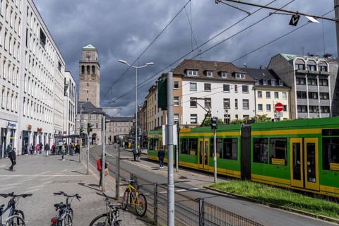 Bus and tram stop Mülheim city centre, at the town hall, Mülheim an der Ruhr, North