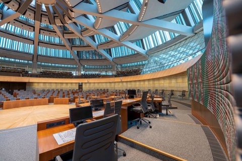 The empty plenary chamber of the North Rhine-Westphalia state parliament in Düsseldorf, North