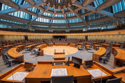 The empty plenary chamber of the North Rhine-Westphalia state parliament in Düsseldorf, North