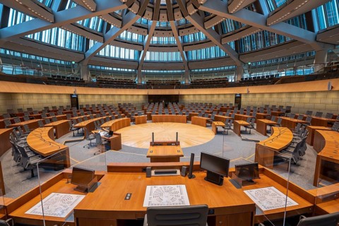 The empty plenary chamber of the North Rhine-Westphalia state parliament in Düsseldorf, North