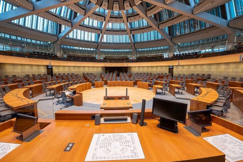 The empty plenary chamber of the North Rhine-Westphalia state parliament in Düsseldorf, North