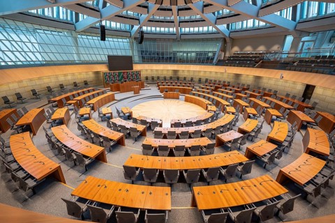 The empty plenary chamber of the North Rhine-Westphalia state parliament in Düsseldorf, North