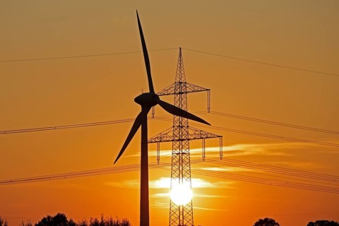 Sunset, wind power station, high-voltage pylon, Melbeck, Ilmenau joint municipality, Lower Saxony,