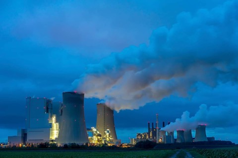 Neurath lignite-fired power station, power station units A, E, cooling towers, town of