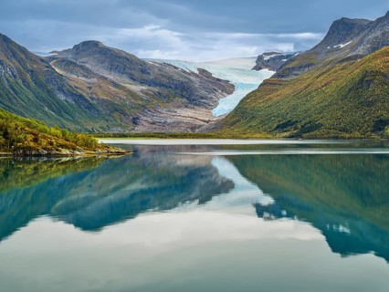 Svartisen glacier, Helgeland coast, reflection in Holandsfjord, autumn, Nordland,
