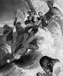 Jonah or Jonah is thrown from the boat into the water and is swallowed and saved by the whale,