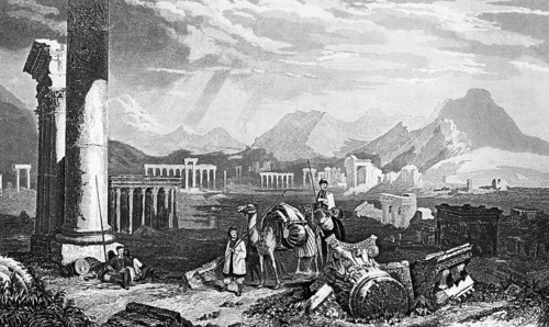 Ruins of Tadmur or Tadmor, Palmyra, Syria Temple, camel rider, mountain landscape, Bible,