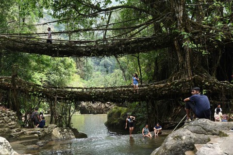 Tourists at the Bouble decker living root bridge amid COVID-19 coronavirus pandemic, in Nongriat