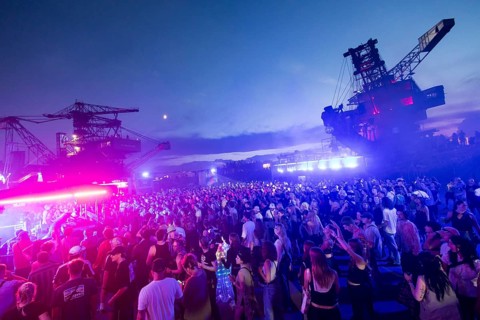 Festival visitors celebrate between excavators at the Melt Festival in Ferropolis on 12 July 2024.