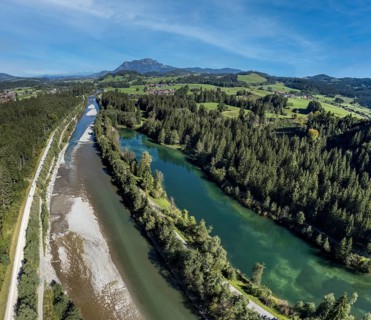 Aerial view of river Iller and lake Auwaldsee north of Oberstdorf, Bavaria, Germany, Europe