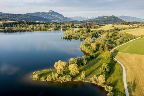 Aerial view of bathing and surfing area at lake Rottachsee, Allgäu, Bavaria, Germany, Europe