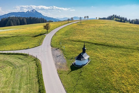 Aerial view of rural road in blomstering meadows, small chapel, mountain Grünten in the back,