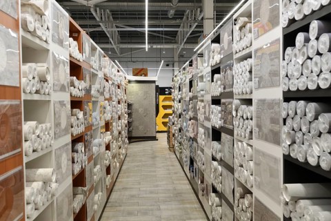 Moscow, Russia -21 Aug. 2022. Sample wallpaper rolls in the Petrovich building materials store