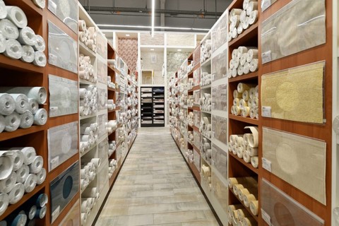 Moscow, Russia -21 Aug. 2022. Sample wallpaper rolls in the Petrovich building materials store